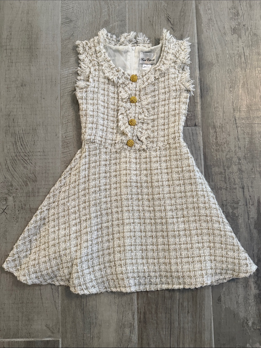 Rare Editions Cream Tweed A-Line Dress with Gold Buttons